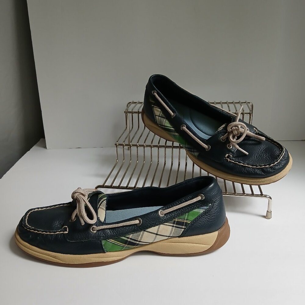 Sperry Laguna Topsiders  Navy Leather Boatshoes with Green Plaid Trim  As New  8